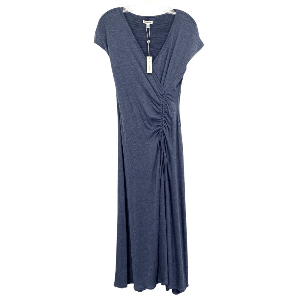 Max Studio Cap Sleeve Side Ruched Blue Midi Dress New